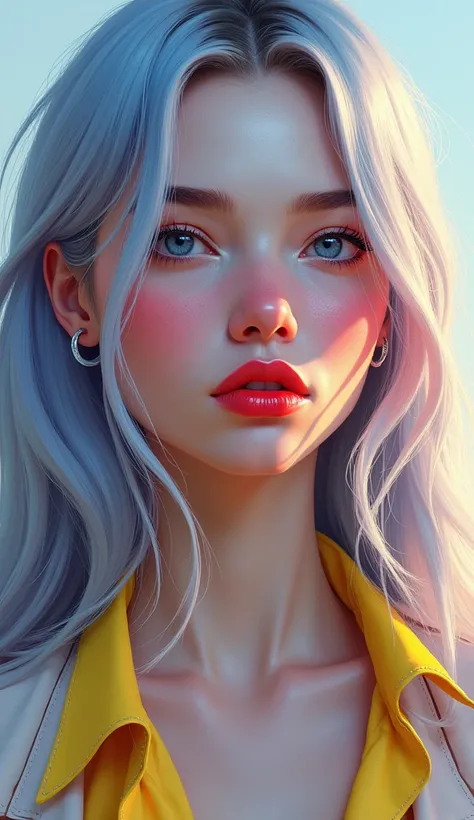 "A digital painting of a woman with a modern, stylized appearance, featuring realistic details and vibrant lighting. She has pale skin with bright highlights, intense blue eyes that convey expression, and well-defined eyebrows. Her lips are painted a vibra...