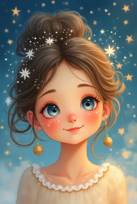 Holiday Constellation Charm in Kawaii Style : A close-up of a cute girl smiling surrounded by stars in space. Her eyes reflect sparkling snowflakes, and small Christmas ornaments flutter in her hair. The fluffy watercolor background creates a sweet and cut...