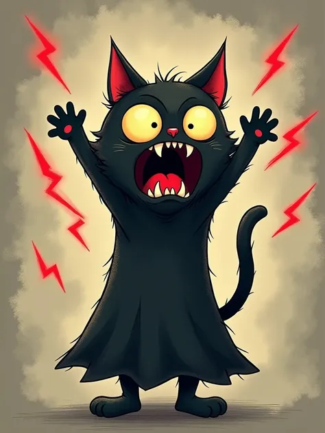 "IMG_2384.CR2: a cartoon-style whimsical black cat **dressed as a ghost**, large yellow eyes, and a wide open red mouth with sharp white teeth, showcasing a surprised or startled expression. The creature has cat-like ears and small arms raised upwards, sur...