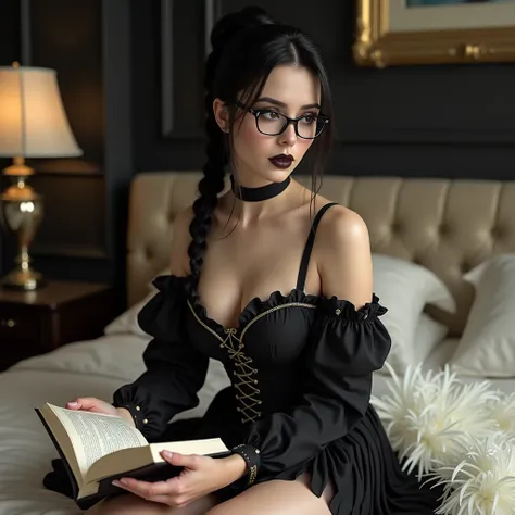  In a complete approach,  in the background of a luxurious room with beige decorations and a room with black walls , highlights the unique beauty,  and that special shine of her who is lying in her bed reading a book that she is holding in her hands, 1 SEX...