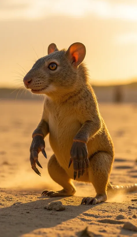 "Standing proud on the open beach at sunrise, this impressive fusion has the body of a rat with the muscular, agile limbs of a scorpion. Its head features a blend of sharp, scorpion fangs and large, curled clawns, giving it a look of regal dominance. Its c...