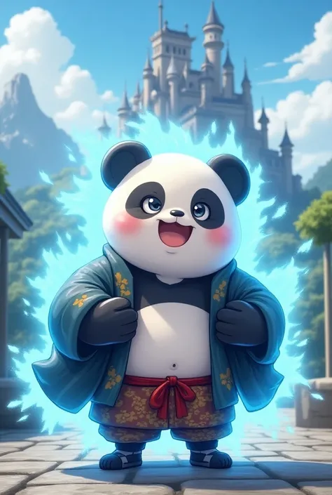  Young Shounen-style anime character , Is he fat bellied,  he wears kimono-style clothes and panda bear colors and details ,  behind him a bright blue spirit in the shape of a panda bear forms an aura around him. The background is a castle  