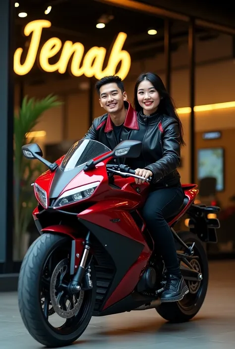 A  hyper-realistic photography clear image of a Thai couple young man and young woman with smilling face both of them. wearing a 4g red black leather jacket and black jeans, riding a red black ninja big bike susuki motorcycle. The name "jenab"4g Gold  lett...