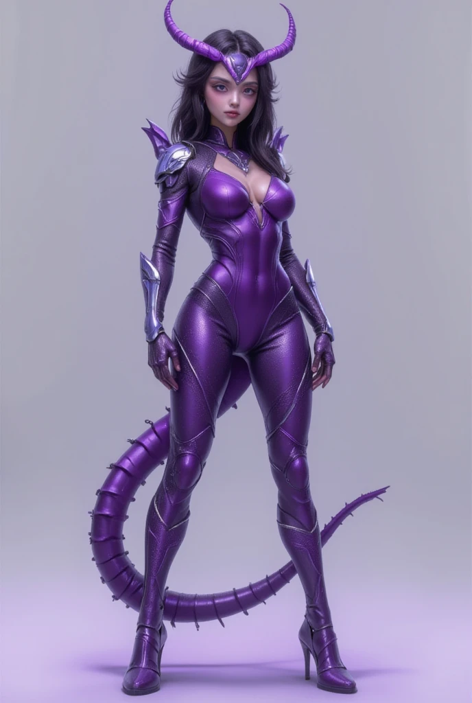 Cartoon photo of a woman in a purple costume、Hot insect humanoid female、a person々takeout、Guyver Style、SFW version、Scarabeleploid、tail、Cel Shade Adult Animation、Alien Queen、