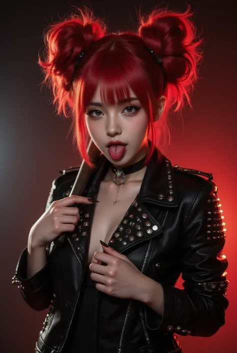 Bad Girl，Fluffy red hair，Sticking out tongue，Tongue Stud，Black nails，Exaggerated studded jacket，Holding a baseball bat，Black and red