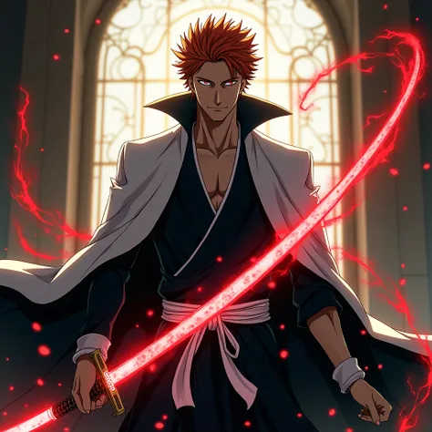 "wallpeper, a man, "sosuke aizen" do anime bleach, holding his sword (Zanpakuto), Aure de Energia ,  image faithful to Blechs anime, cover.