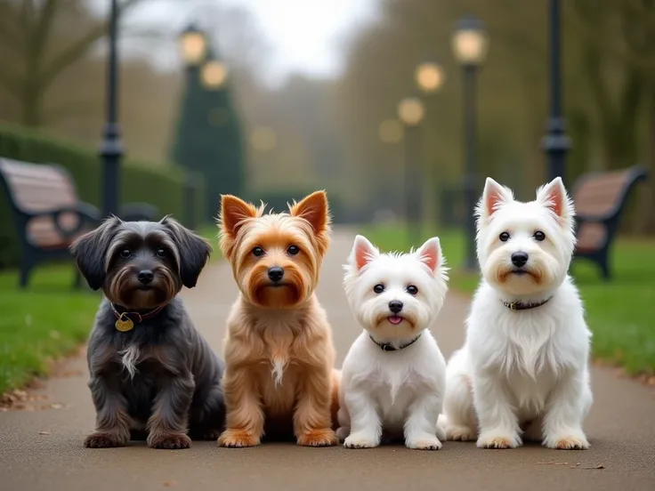 Four realistic dogs standing side by side on a pathway in an English-style park with green grass, trees, and classic benches in the background. The dogs should include: one dark-colored Yorkshire Terrier, one golden-colored Yorkshire Terrier, one pure whit...