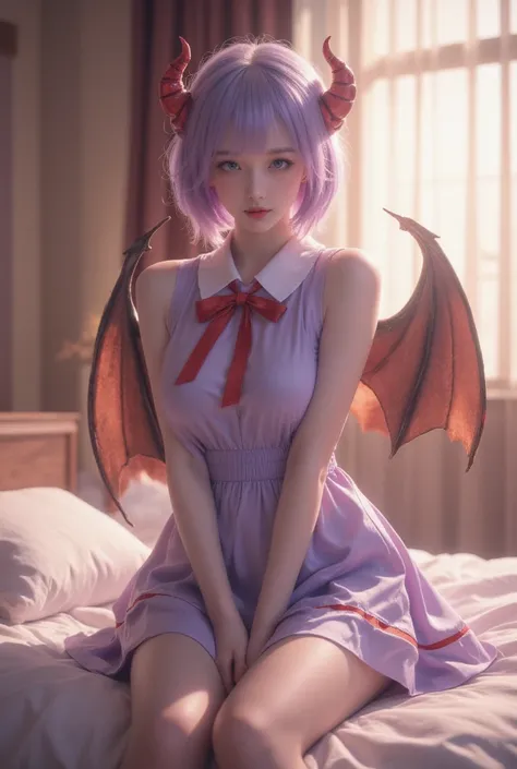 touhou project, Flandre Scarlet sitting on the bed wearing JK, Cross your hands at your waist, Pale purple hair, Warm lighting, Blurred foreground, Lovely, Change, Japanese cartoons, 4K, With devil wings, Shower cap, masterpiece, whole body
