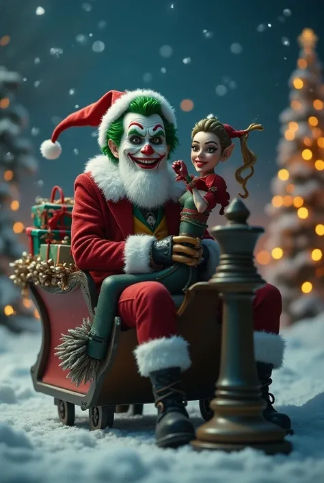 The Joker dressed up as Santa Claus was driving the sleigh full of gifts and Harley Quinn dressed up as an elf riding a queen