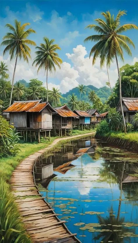 Highly detailed painting of a traditional Southeast Asian village scene featuring wooden stilt houses with rusted metal roofs. The landscape includes lush greenery, tall coconut palm trees, and a clear blue sky with scattered clouds. A dirt path leads thro...