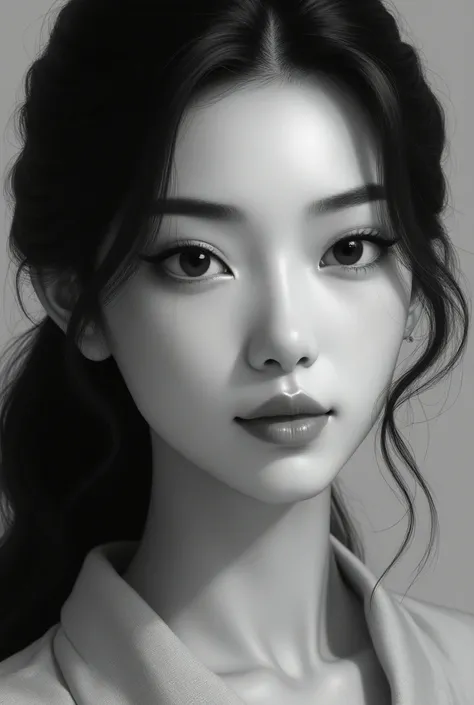 Highly Detailed Text Prompt:

“A black-and-white portrait of a woman with delicate and striking features, showcasing subtle Oriental characteristics. Her face has a slightly oval shape with soft, symmetrical contours. The cheekbones are defined but not ove...