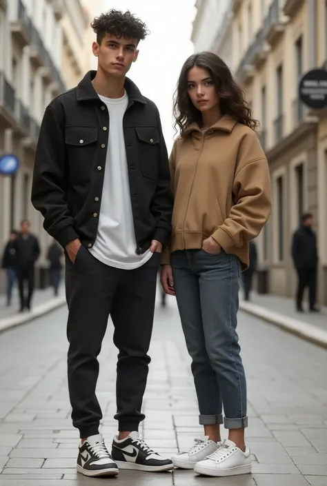  create real people ,  so that no one even suspects that they are not real,  boyfriend and girl ,  boy is 21 years old , wysportowany, czarne włosy, dark eyes , jego typ ubioru to streetwear lub layering,  on shoes she has Nike Jordan 1 ;  girl is 18 , bru...