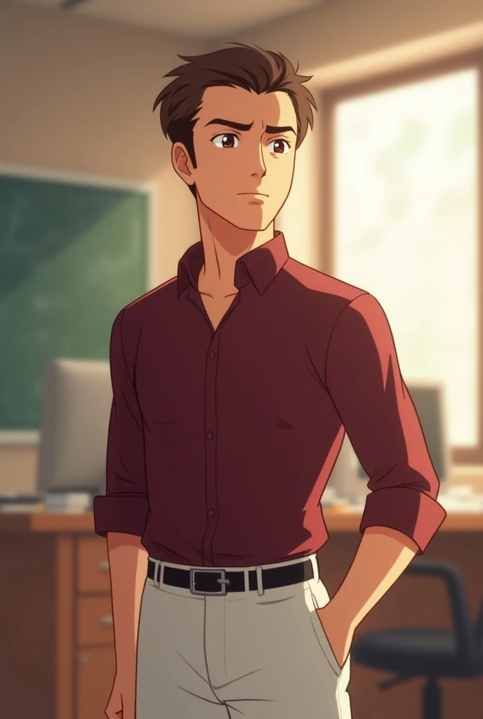  Animation of a man , In a burgundy shirt , white pele, short brown hair, a soft-bottomed office ,  brown eyes,  as an expression of a determined and intelligent person