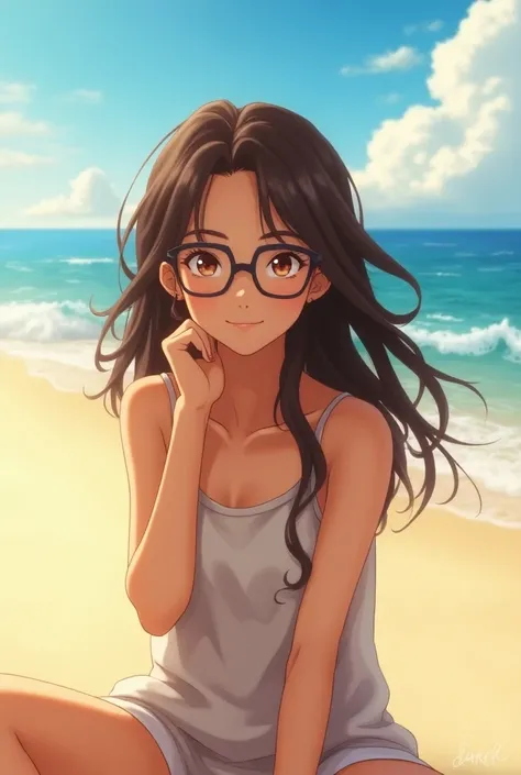  18 year old girl with brown eyes, brunette ,wearing glasses on the beach in a topic  