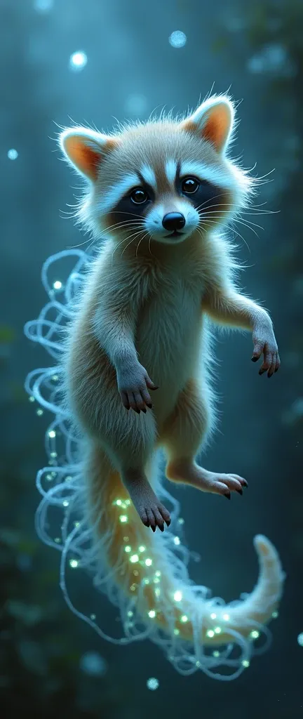 A photo of a baby raccoon with extra fluffy fur. The raccoon is fused with the translucent, glowing body of a jellyfish. The front legs of the raccoon are strong and feline, while the back half trails into ethereal, glowing tendrils. The transition from fu...