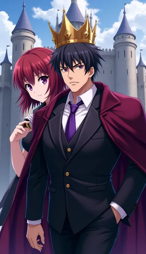 Adult male accompanied by Rias Gremory from Highschool DXD with red hair and blue eyes
Black and short hair not long
White tea 
Eyes with intense purple irises
Serious 
Wearing a black suit with purple details, with a white shirt and a purple tie With a go...