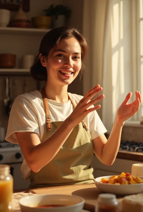 woman, brown, smiling, making a recipe and telling a story, perfect and delicate hands.