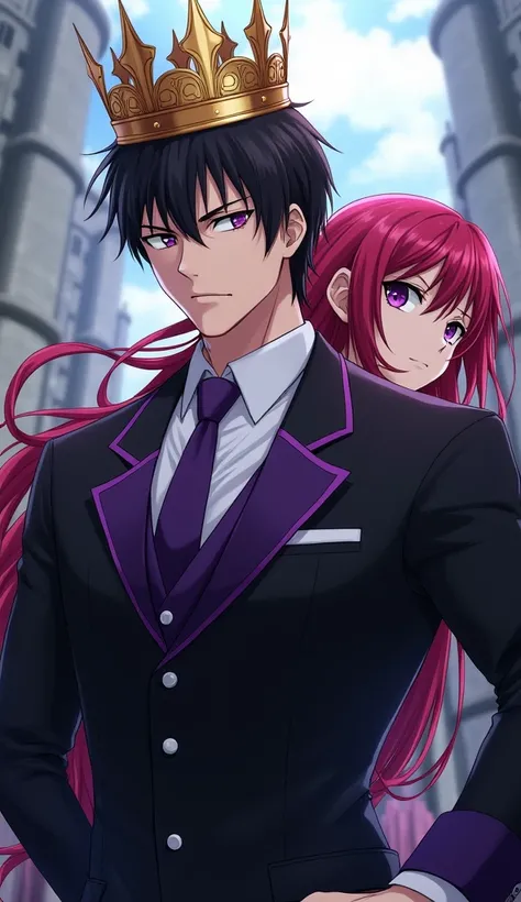 Adult male accompanied by Rias Gremory from Highschool DXD with red hair and blue eyes
Black and short hair not long
White tea 
Eyes with intense purple irises
Serious 
Wearing a black suit with purple details, with a white shirt and a purple tie With a go...