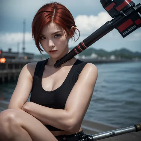 ridiculous resolution,  high res, (masterpiece: 1.4),  high detail,  A weapon testing ground on an empty pier, 1 young woman,  and a pair of short red hair, Soldier Clothing, Very serious expression