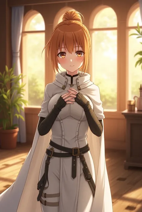 Asuna, Asuna_(Star), (1 ,Alone) ,Fantasy,  highres icon, 19 years old,  original, (wear in a sheath at the waist:1.3), smile, (white knight wizard long cape:1.55),  short hair,  medium breasts ,  looking at the spectator, fringe ,detailed hazel brown eyes,...