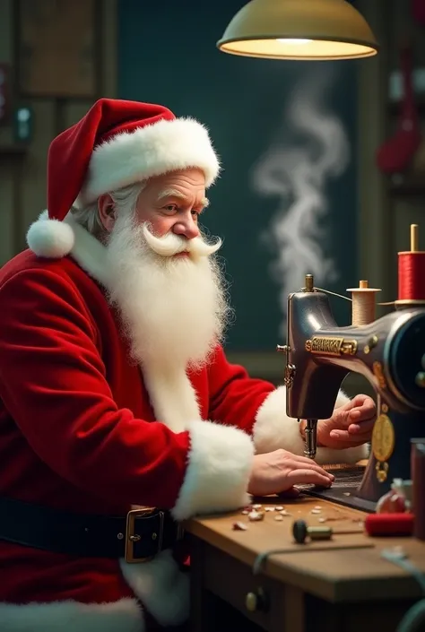 Santa Claus cooking in a sewing machine