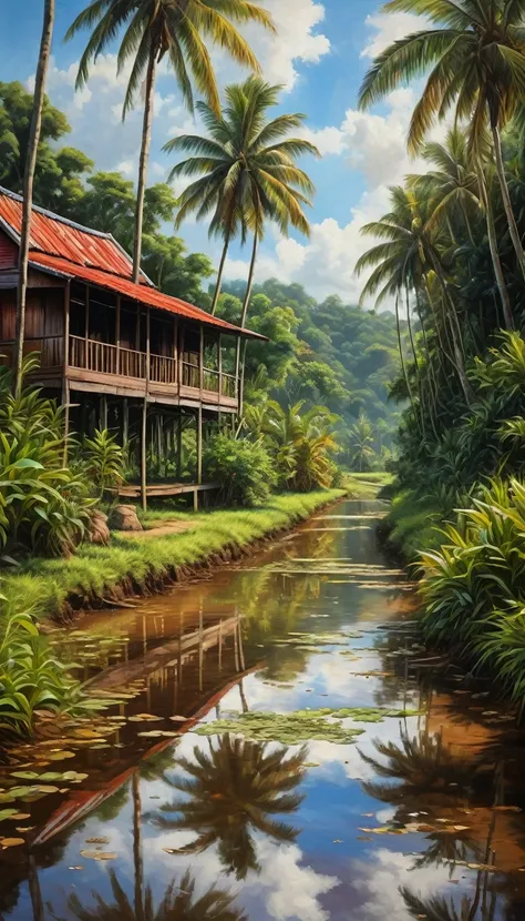 Create a vibrant heavy HDR realistic oil painting depicting a traditional Malaysian kampung (village) scene. The artwork should showcase the intricate details of wooden stilt houses with rusted red zinc roofs, elevated on posts, with open verandas adorned ...