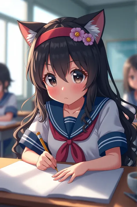 (masterpiece), (anime style), shot from below, award winning, close up, centered, Instagram able, looking toward camera, dynamic pose, cat girl, studying, sailor uniform, flowery headband, long wavy hair, classroom interior, dynamic lighting, depth of fiel...