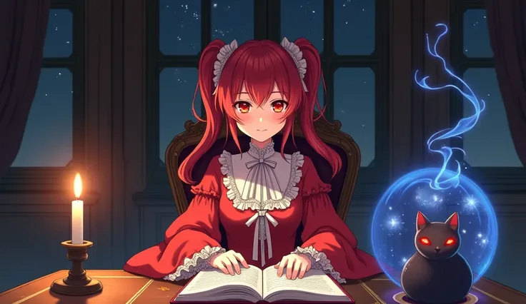 anime, Full-length girl, witch, beautiful girl, scarlet eyes,  Red Hair ,  big magic hat ,  red aristocratic dress ,  with big sleeves , white ribbons,  big two pigtails ,  holding a book from which blue smoke comes,  background, Night,  aristocratic estat...