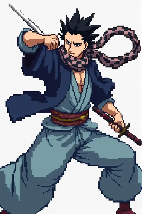 Create full-body pixelated Tanjiro from Kimetsu no Yaiba in a fighting pose 