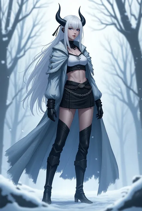 top quality,detailed,1 beautiful 25-year-old girl,slender, warrior,winter(white long hair,straight neck),(black horns),(perfect anatomy),(Seriously)anime