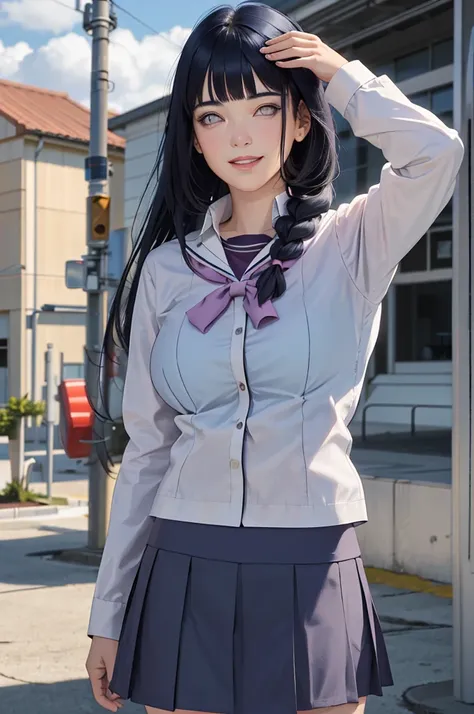 masterpiece, hinata(boruto), 1 girl, solo, young woman, ((((high school uniform)))), (high school), outdoors, looking at viewer, cloudy sky, perfect composition, detailed lips, school building, large breasts, pretty face, body proportion, blush, (pink lips...