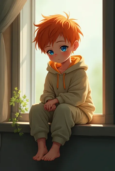 1 young boy with orange hair and shiny bright blue eyes and barefoot and small feet wearing a yellow oversized hoodie and sweatpants sitting on a window ledge, blushing, young, boy, , small, toddler, tiny feet,