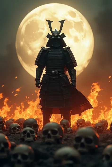 Image of a burning samurai with the legend CHINESE PAYLOVER surrounded by skulls with the moon in the background
