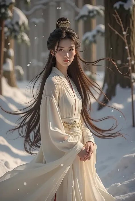 Im standing in a deep snowy forest 。 whole body、 Im wearing a pure white old Chinese Hanfu. My clothes are like celestial maidens fluttering in the wind, my hair is up to the knee, super long hair that flutters super realistically