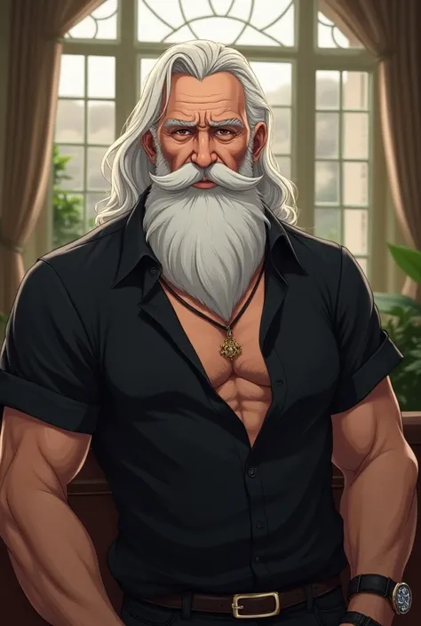 ((ANIME AND REALISTIC photo)),  better quality, ( Highly detailed wallpaper of a luxurious mansion ), ( best illustration), (Best shadow),  Realistic lighting,  detailed and beautiful brightness , ((72 years old )), man,  long white hair due to old age ,  ...