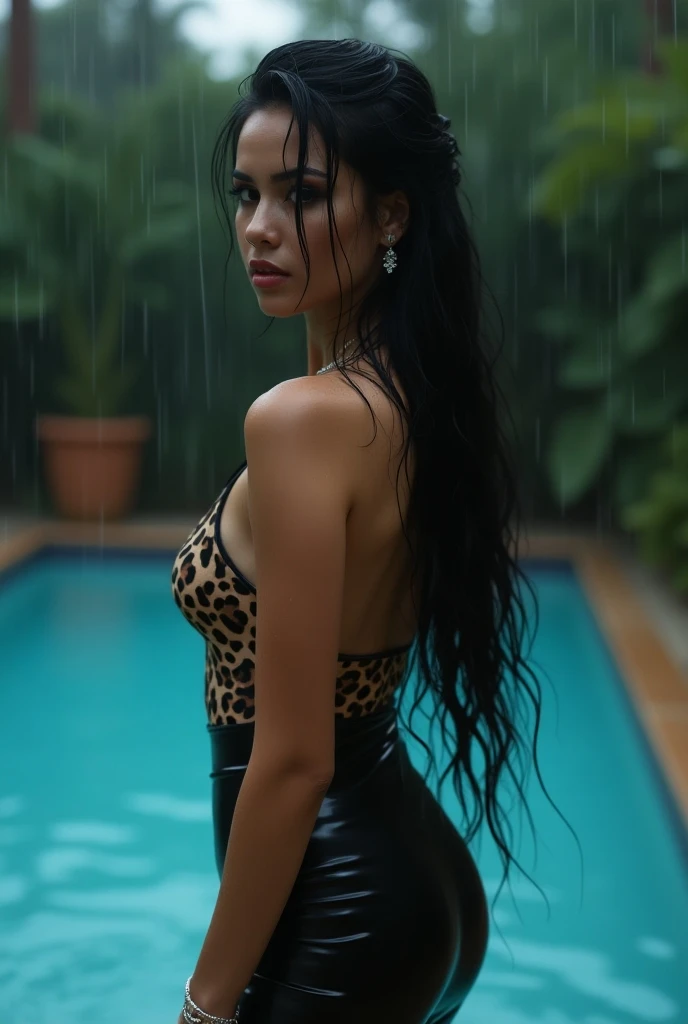 Cinematic photo of a drenched 25-year-old woman with wet hair in the rain wearing a soaked velvet leopard-print haltertop bodysuit and black leather miniskirt and black silk stockings and stiletto-heeled knee-high black leather boots. Heavy rain.  She is s...