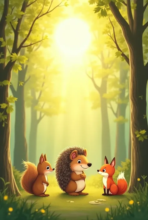  illustration of the Forest Hedgehog ,  who is with looks at his friends — forest animals — with a kind smile,  people like the squirrel ,  fox and hare .  He is standing among surrounded by a forest ,  with your head slightly bowed ,  as if waiting for , ...