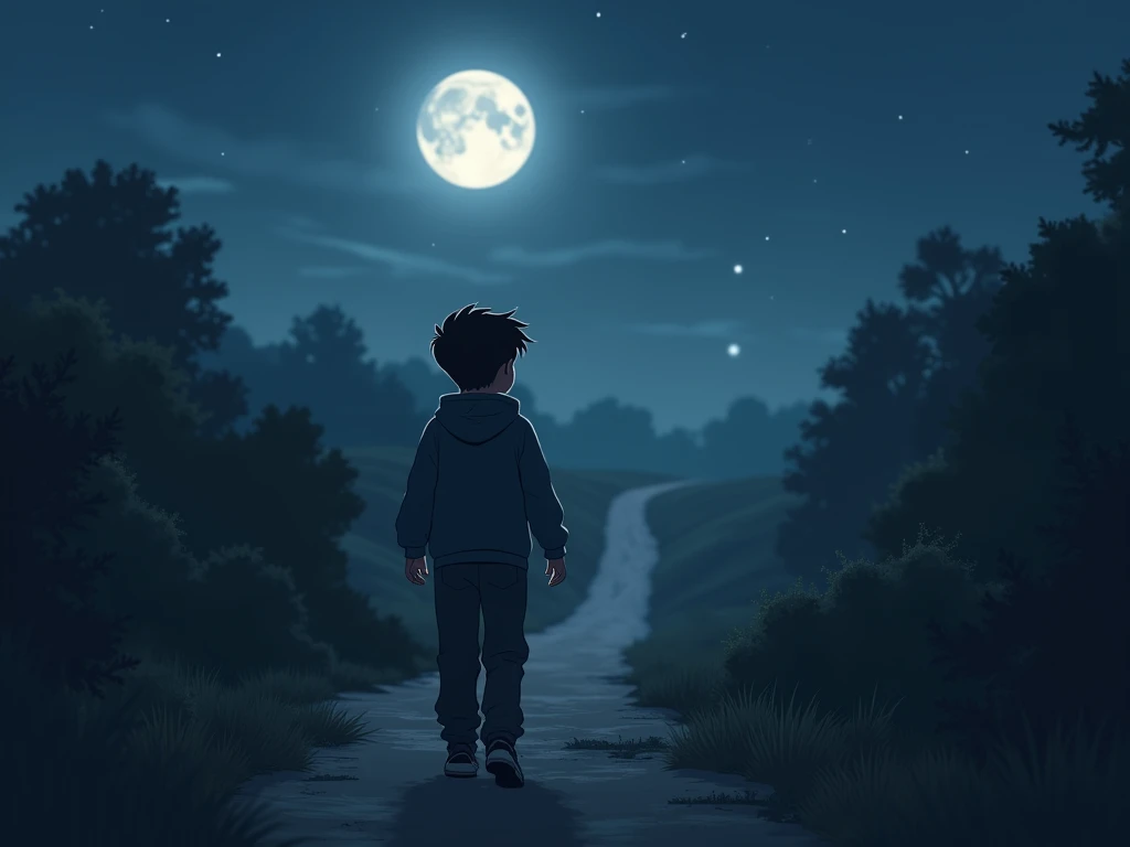 Jack, aged 10-12, walks away from home at night under the moon wearing pants and a sweatshirt