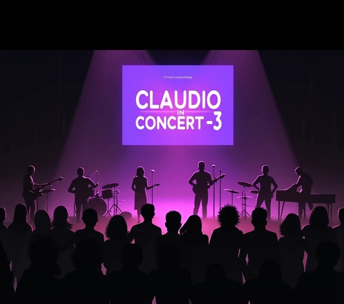 Silhouette of the audience at a concert and a screen behind the stage that says CLAUDIO IN CONCERT 3 and on stage musical instruments Vallenatos, Caixa Vallenata and accordions