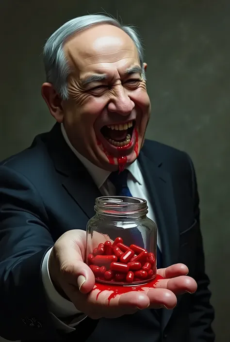 Benjamin Netanyahu  laugh and stretches out his hand and shows us a glass container containing red contraceptive capsules and his hand is bloody