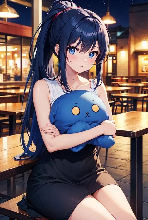 An anime girl in nighttime sitting on a restaurant and she have a peppy on her arms hugging it. She have dark blue colored hair and her eyes is also blue. Her hair is a ponytail 