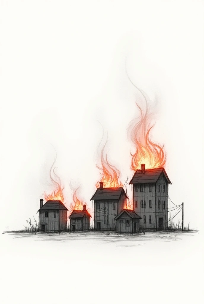 simple 2d pencil sketch of houses on fire