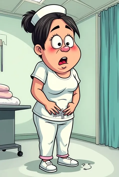 ( depicting a moment in an adult cartoon ), (Hand drawn ), (( cartoon style background )), (nurse, nurse 유니폼), (((round face))), droopy eyes, (((Masturbation,  touching the groin to hide the crotch, orgasm))),  cartoon style background , ceiling, curtain, ...