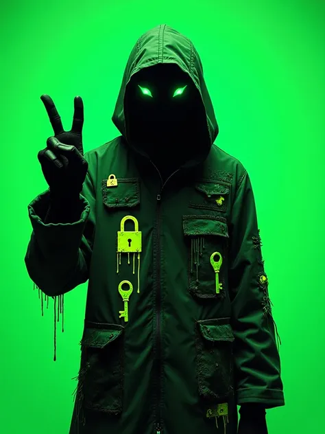 "IMG_2384.CR2: a dark, stylized character in a hooded cloak with a **post-apocalyptic aesthetic**, standing against a neon green background. The character has a faceless black head with glowing green eyes, giving a haunting, mysterious expression. The cloa...