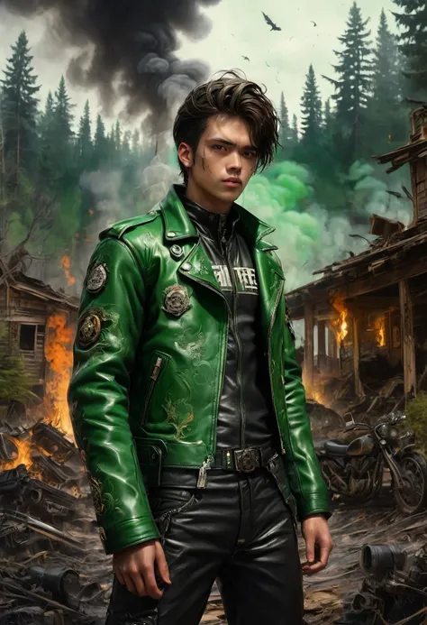  post-apocalyptic forest  ,  best quality, masterpiece,  very aesthetically pleasing ,  perfect composition  , detailed details ,  ultra-detailed  ,  against the background of a coniferous forest  ,  In the center is a young guy in a leather jacket,  black...