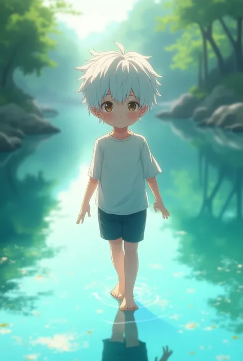 1 young anime bare foot boy with a whit hear walking on water with a beautiful foot, bare foot, 