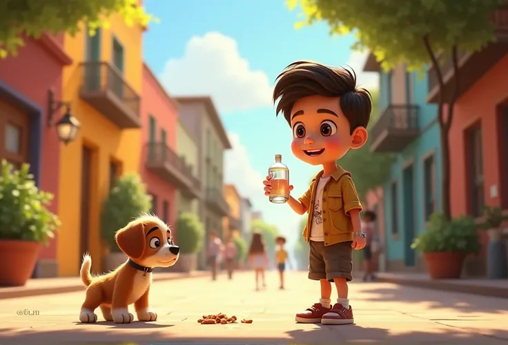 Young boy, Pedro, offering water and a piece of food to a lost, sad-looking puppy on a sunny street. Style: cartoon, 4K, Disney-Pixar