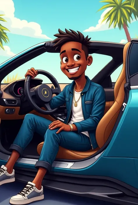 A cartoon of a young black guy inside Lamborghini or Bugatti 