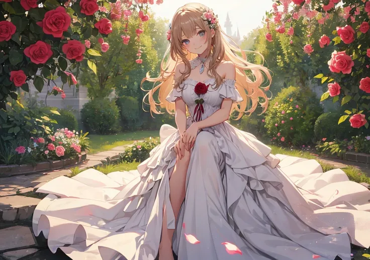 A beautiful girl in a flowing gown, surrounded by blooming roses, with a soft, gentle smile. Her dress matches the fluffy petals of the roses, giving her a dreamy, Disney Princess-like charm