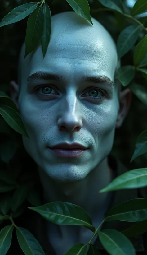 "Close-up of Botos face transformed into a white-skinned man,  with a soft smile and penetrating eyes .  He is partially illuminated by the moonlight , with the rest of his body in shadows .  The surrounding vegetation blends with the environment , creatin...